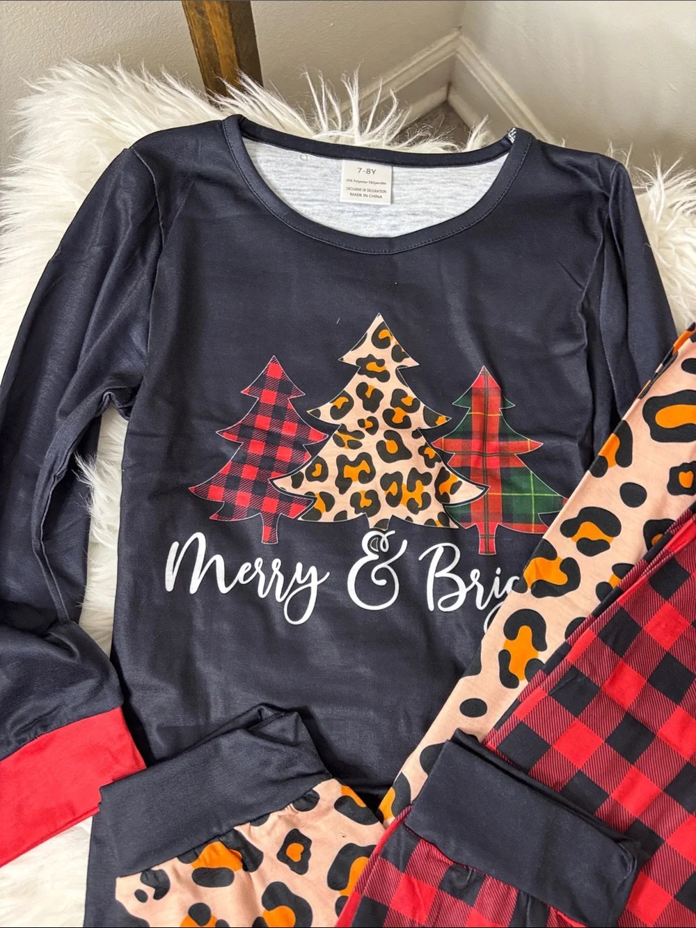 Kids Black 'Merry & Bright' Holiday Pajama Set Red Buffalo Plaid Pants Sz 7/8